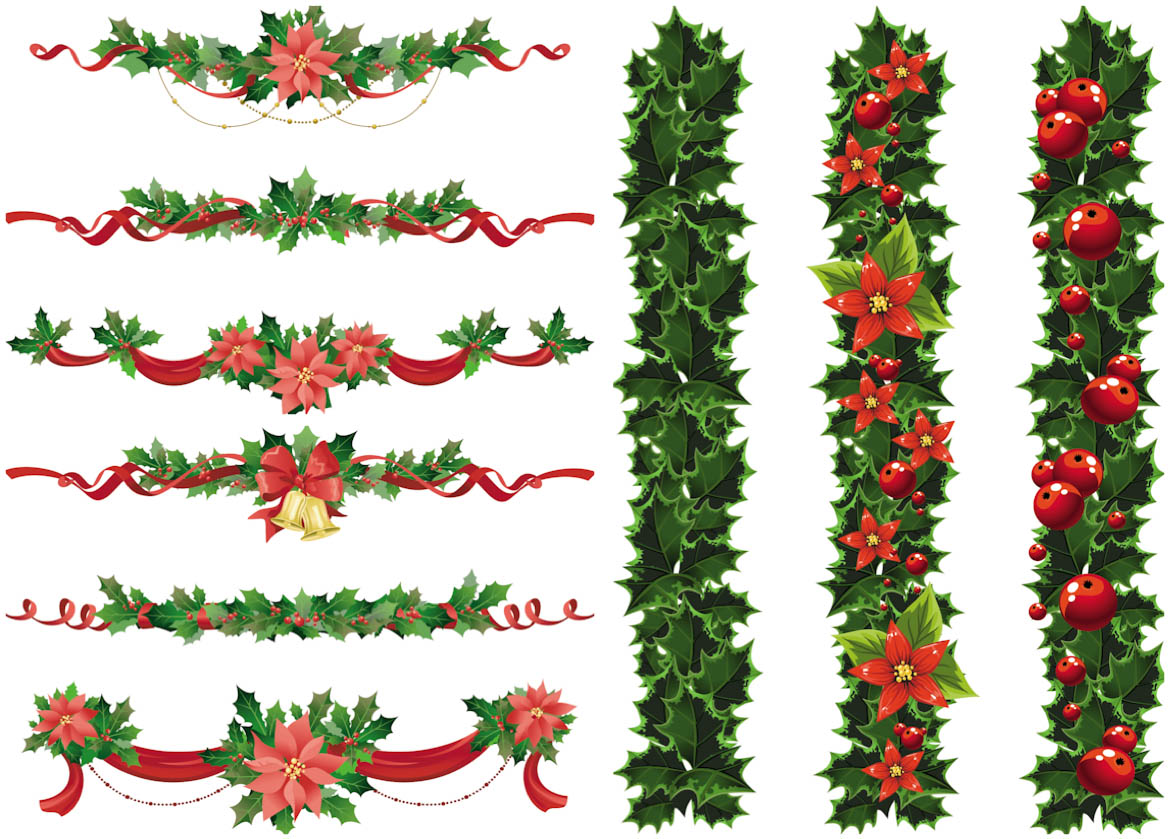 Set Of Vector Christmas Garland Templates With Red Ribbons And Bows