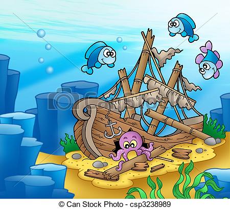 ... Shipwreck with octopus and fishes - color illustration.