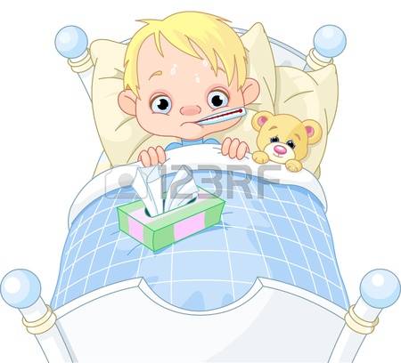sick child: Cartoon illustration of cute sick boy in bed