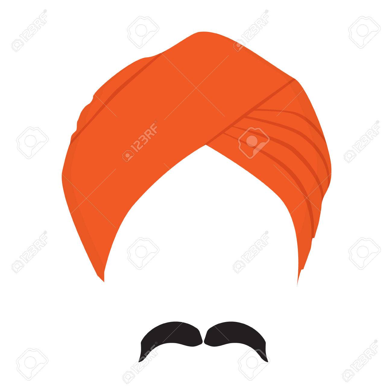 Vector - Vector illustration orange turban headdress and mustache isolated  on white background. Sikh turban icon. Indian man character.