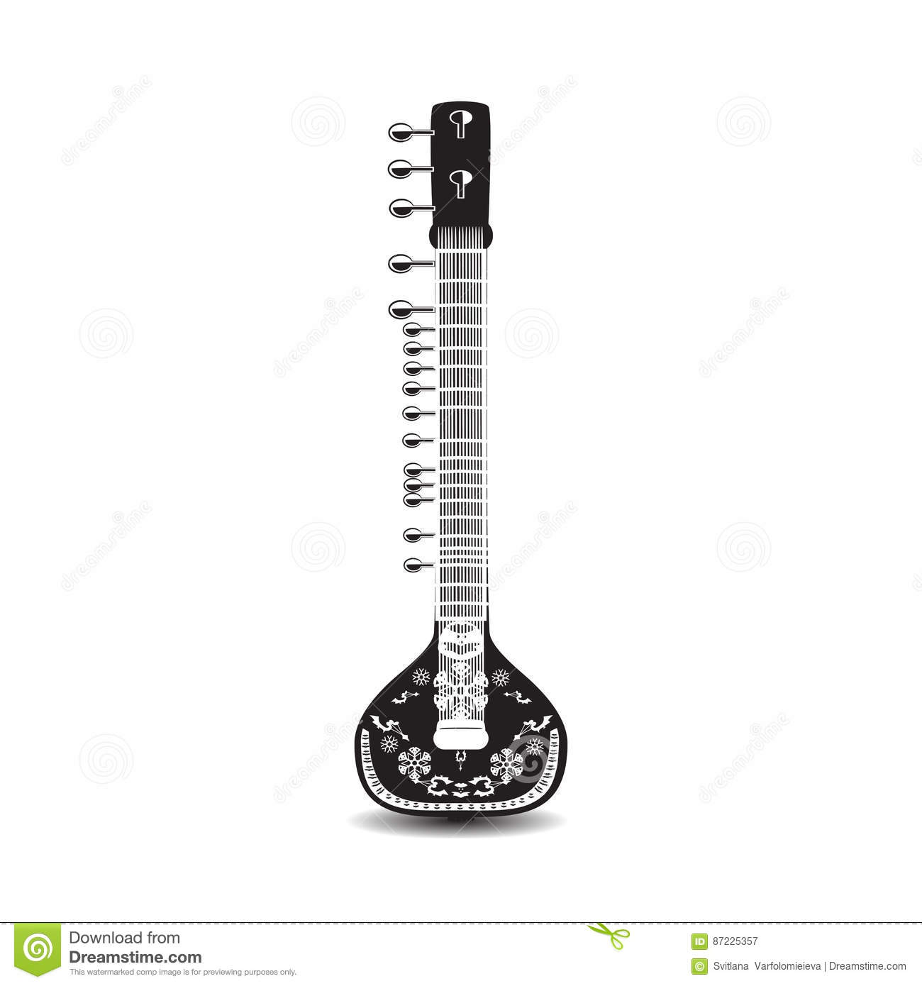 Vector illustration of black and white sitar isolated on white background.  Vector illustration of sitar