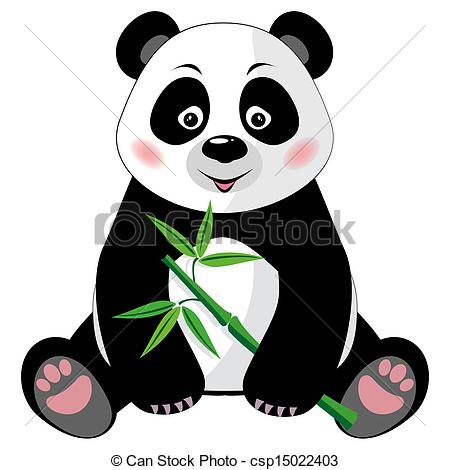 ... Sitting cute panda with bamboo isolated on white background.