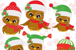 Six Cute Christmas Owls Clipa - Christmas Owl Clip Art