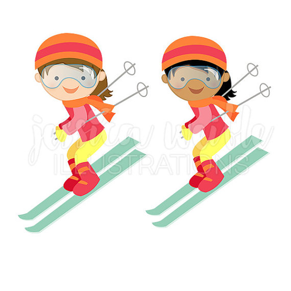 Girl Downhill Skier Cute Digital Clipart, Winter Skiing Clip art, Ski  Graphics, Girl Skiing Downhill Illustration, #348