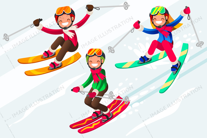 Skiing People Cartoon Characters Skis in Snow
