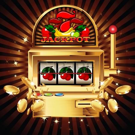 slot machine: A slot fruit machine with cherry winning on cherries. Gold coins fly