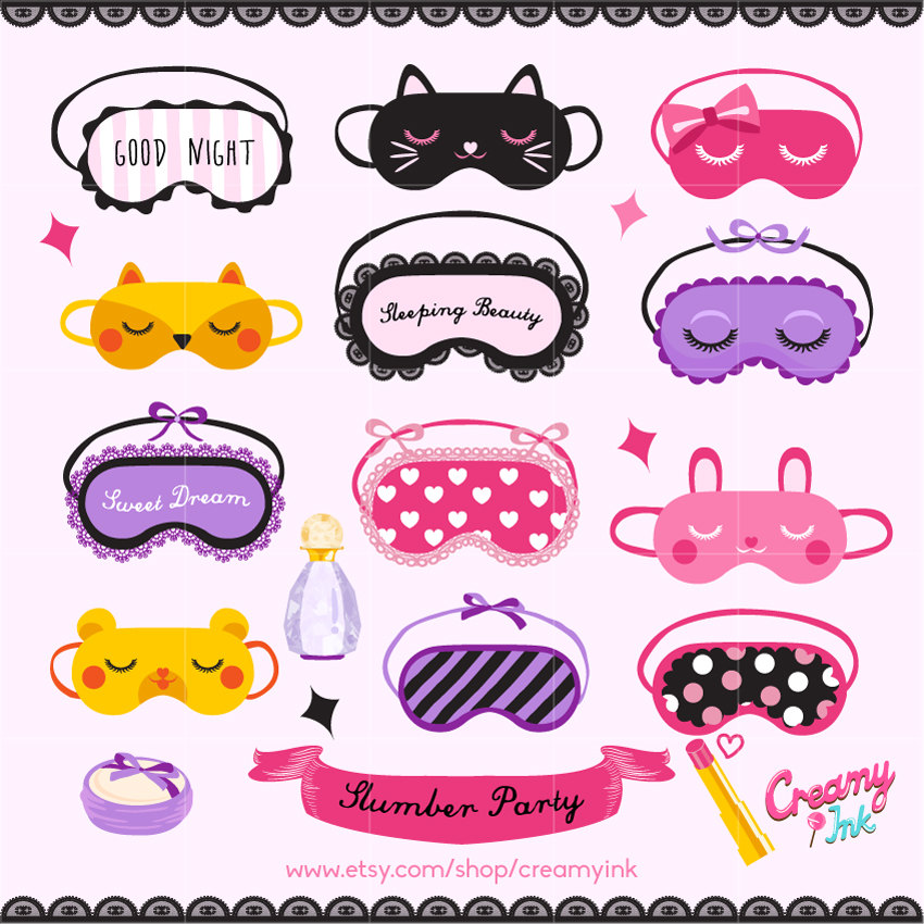 Slumber Party Digital Vector Clip art / Sleepover Clipart Design Illustration /Sleeping Mask, Girls Night, Eye Mask, Make up, Pajamas/