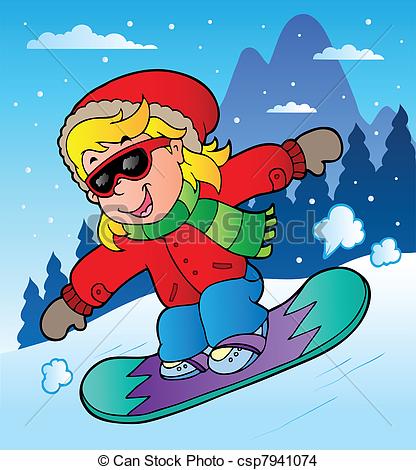 Winter scene with girl on snowboard - csp7941074