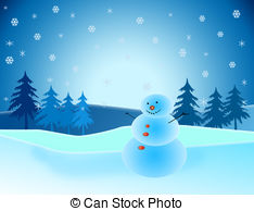... Snowman in winter scene with trees and snow
