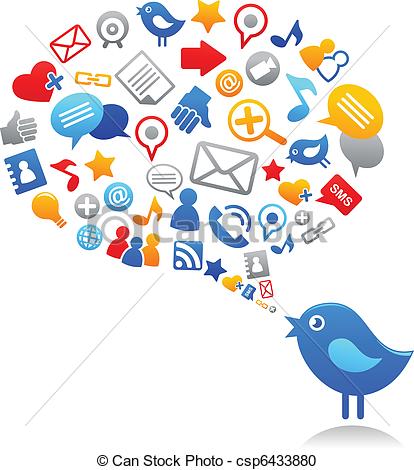 Blue bird with social media icons - csp6433880