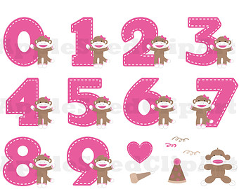 Sock Monkey Digital Clip Art, Birthday Party Digital Clip Art, Instant Download, Cute Pink Monkey Digital Clip Art, Scrapbooking