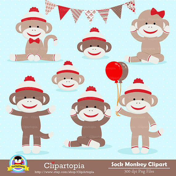 SOCK MONKEY Digital clipart, Red Monkey Clip art, Cute sock monkey Clipart for personal
