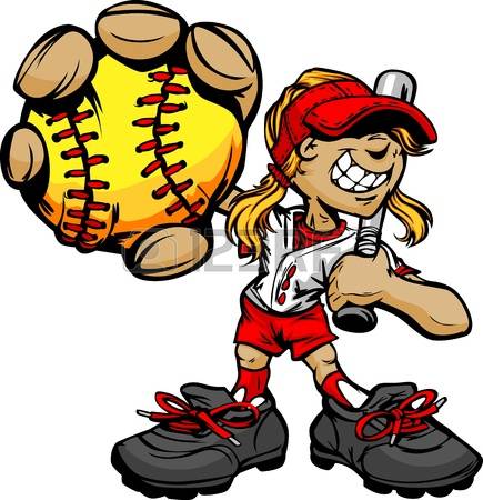 softball: Fast Pitch Softball Girl Cartoon Player with Bat and Ball Vector Illustration