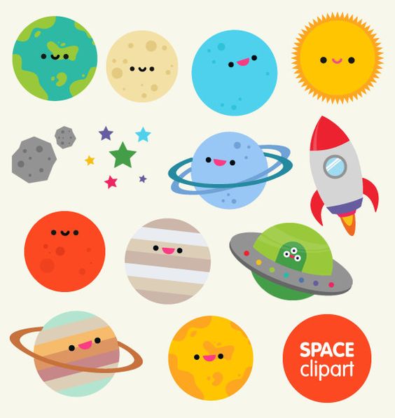 Space clipart commercial use, digital planet graphics- cartoon kawaii planets asteroid moon spaceship digital