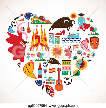 ... Spain Love - heart with set of vector icons