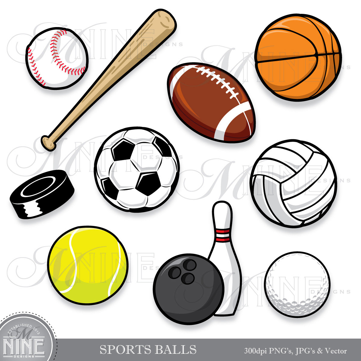 Sport Ball Digital Clipart Vector Art Football Soccer Baseball.