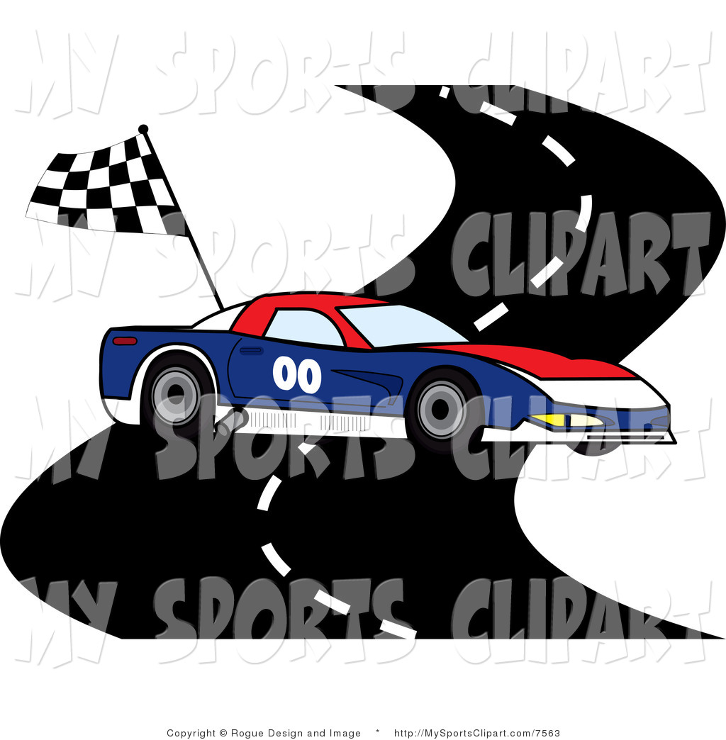 Sports Clip Art of a Race Car on a Track with a Checkered Flag by Pams