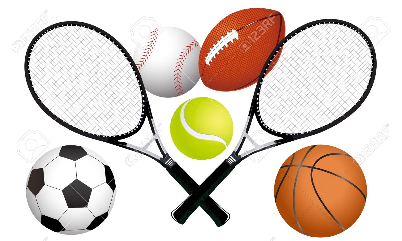 Sports ball and tennis rackets illustration