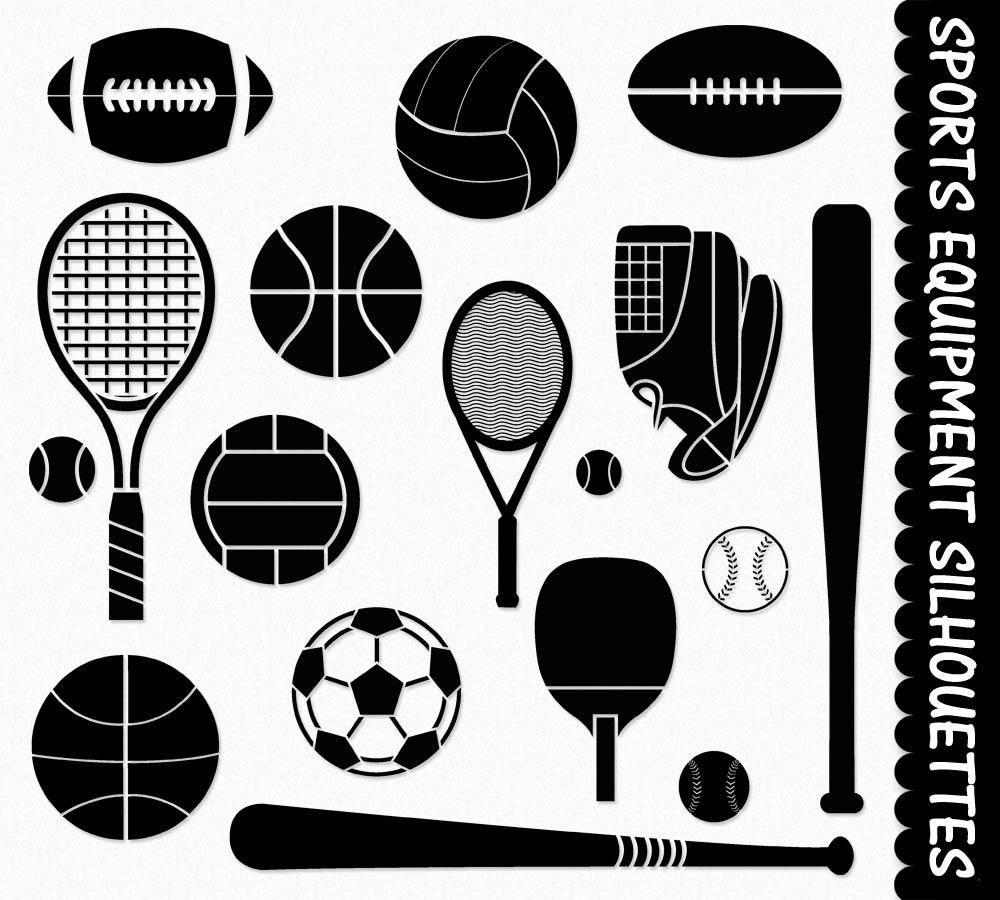 Sports Equipment Clip Art Graphics Sport Clipart Scrapbook Silhouette  Soccor Football Baseball Tennis Volleyball Digital Download PNG Vector