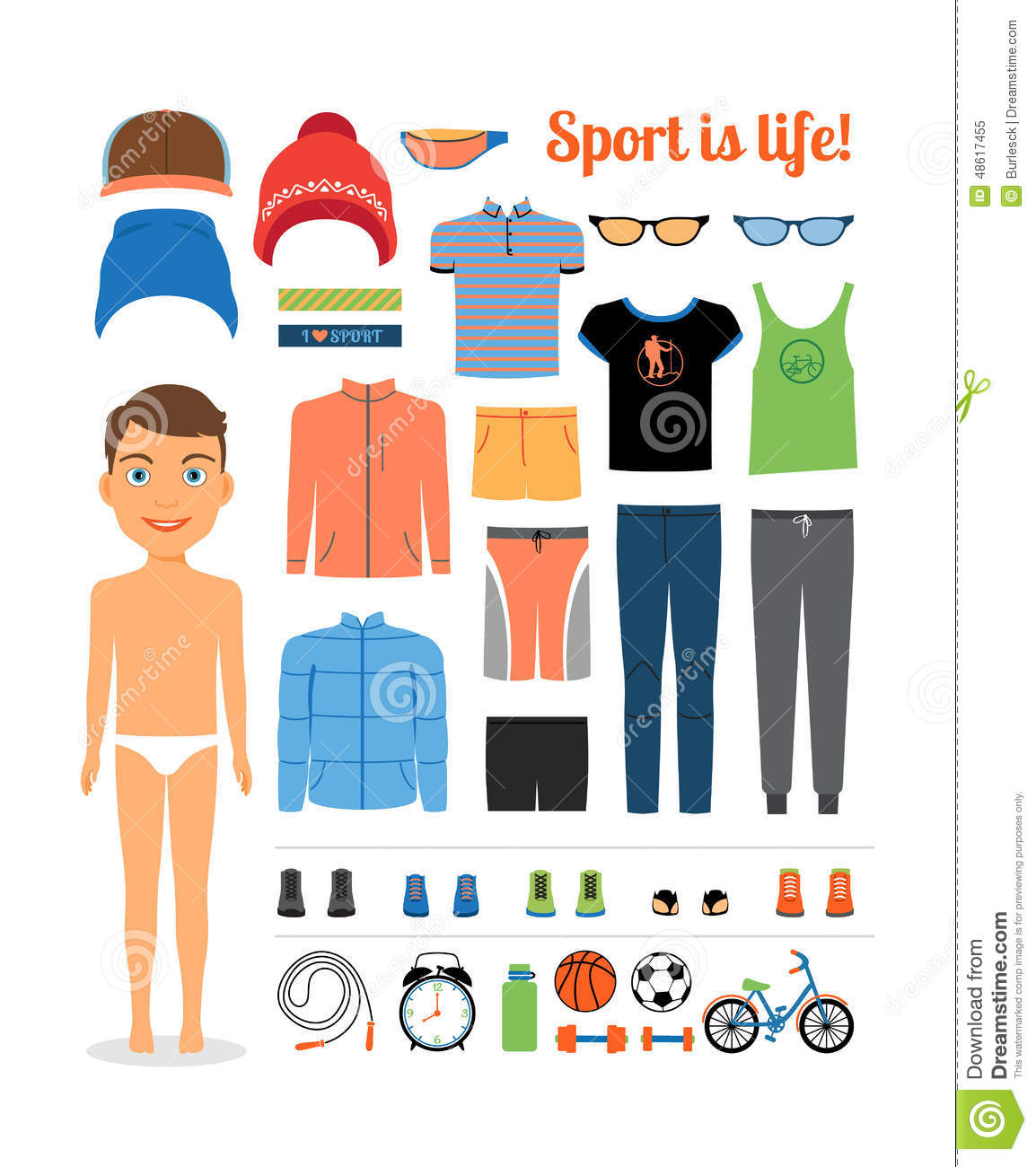 Sport boy. Clothing and sports equipment for