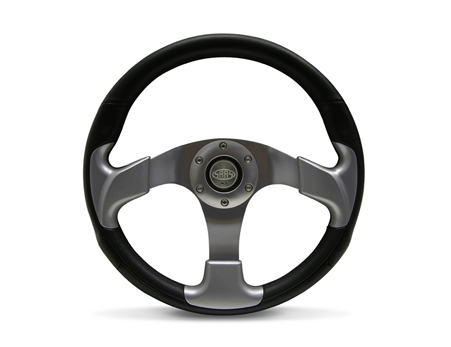 A black and silver steering w