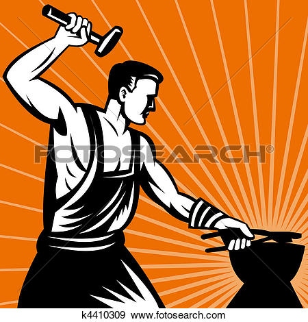 Stock Illustration - Blacksmith at work wielding hammer. Fotosearch - Search Vector Clipart, Drawings