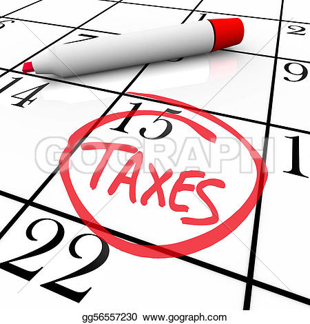 Stock Illustration - The big tax day, the 15th, is circled on a white calendar with a red marker. Clipart Drawing gg56557230