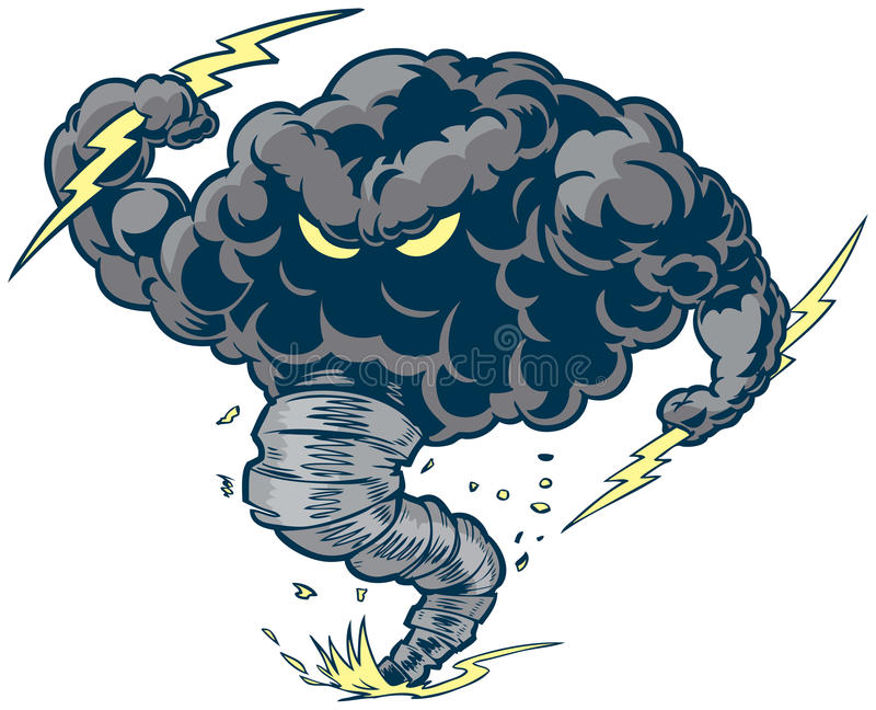 Vector cartoon clip art illustration of a tough thundercloud or storm cloud  mascot with lightning bolts and a tornado funnel kicking up dust and debris.