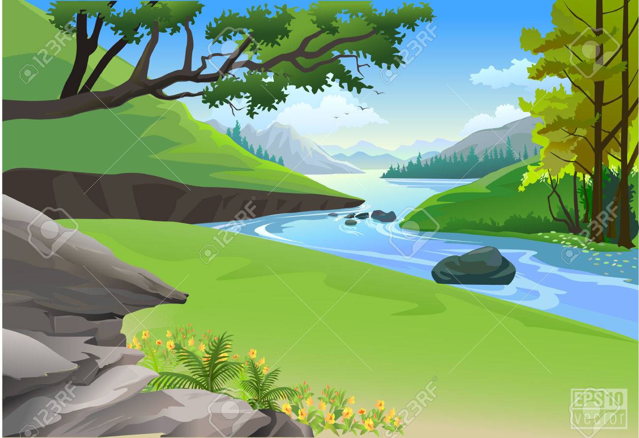 Riverside Hills and Rock nature landscape Illustration