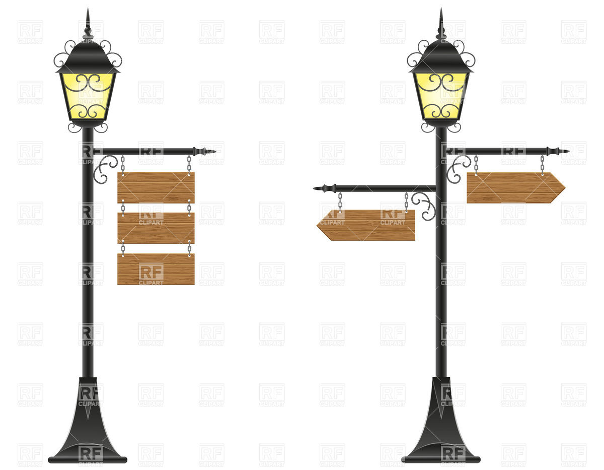 Wooden boards signs hanging on streetlight Royalty Free Vector Clip Art