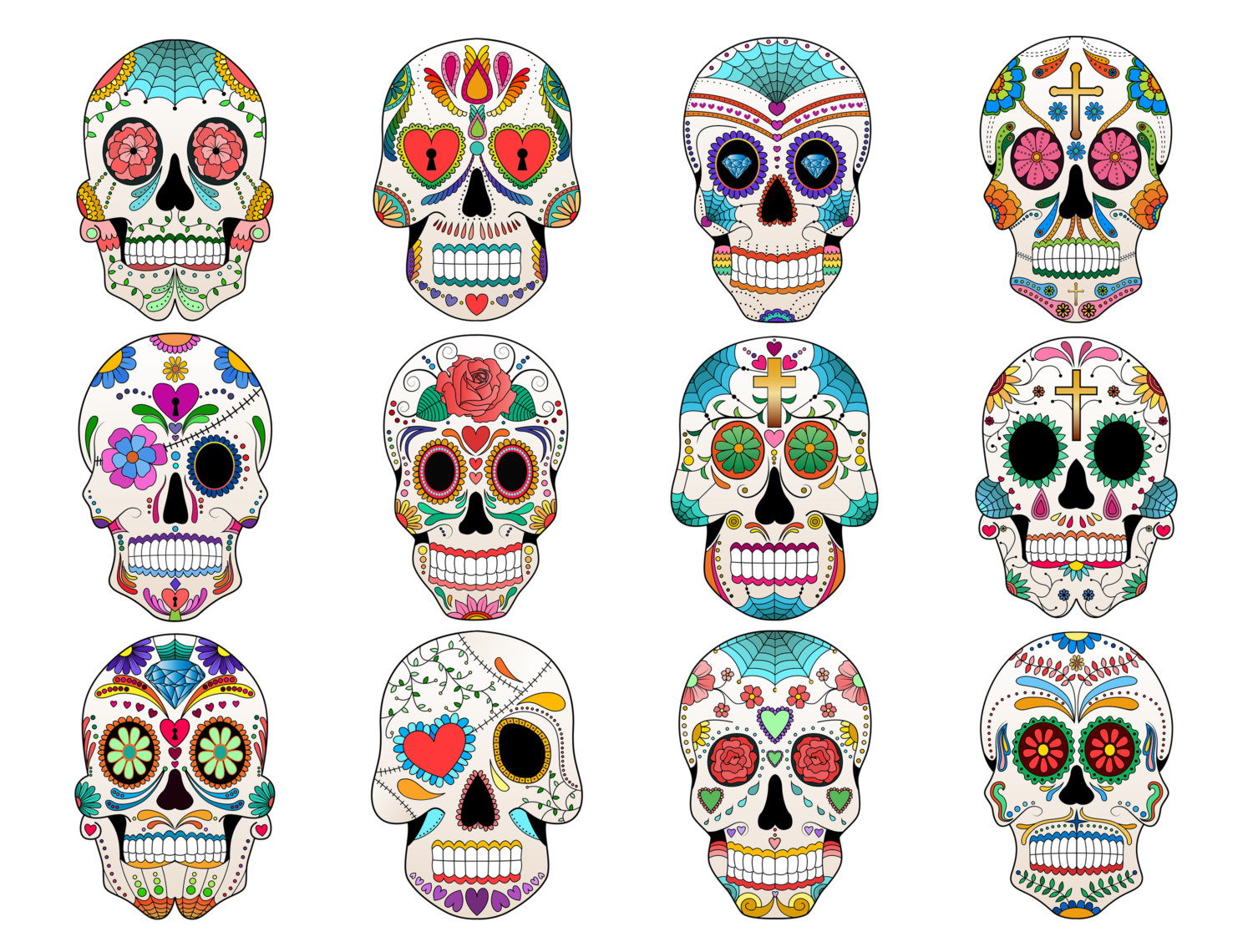 Sugar Skull Clip Art- Set of 12 Colorful Sugar Skulls, PNG, JPG and Vector Files