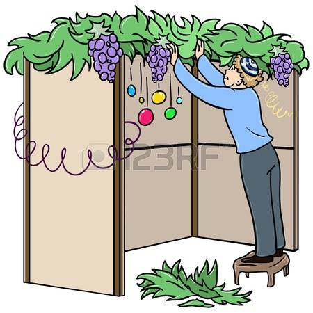 sukkot: A vector illustration of a Jewish guy standing on a stool and building a