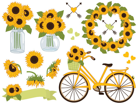 Sunflowers Clipart - Digital Vector Sunflowers Clipart, Mason Jar Clipart,  Sunflower Wreath, Bicycle, Sunflower Clip Art