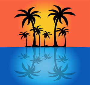 Sunset island clipart image silhouette of palm trees on a tropical