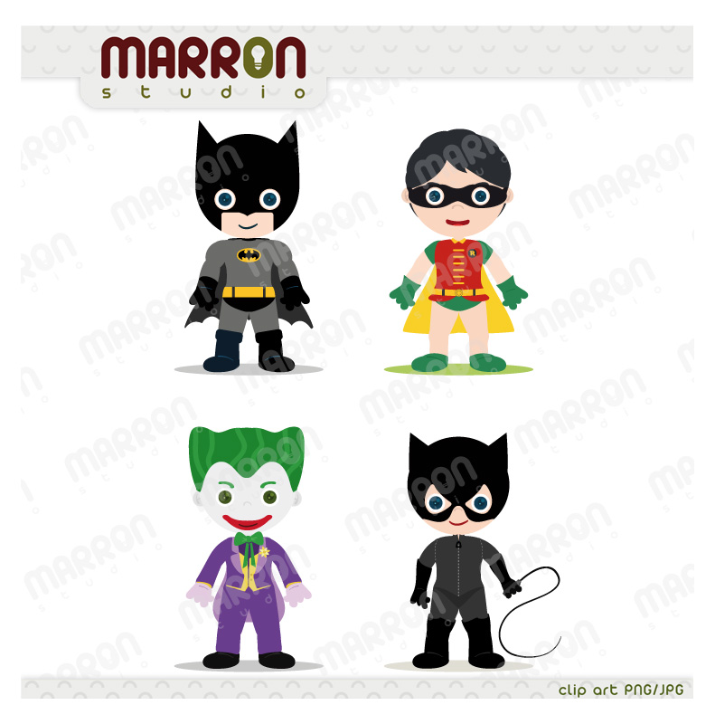 Super heroe inspired set batman, robin, joker and catwoman clip art  birthdays digital download