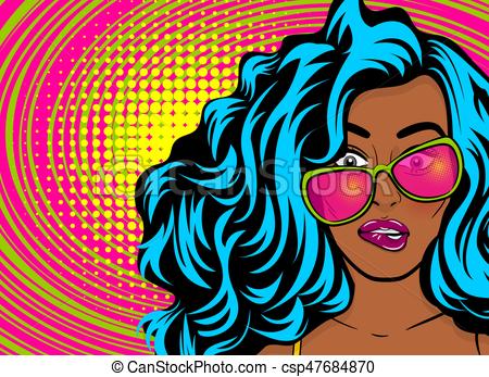Black young oops woman pop art style wow swag face in sunglasses  satisfaction feeling. colored halftone retro dot background comic text.  positive girl ClipartLook.com 