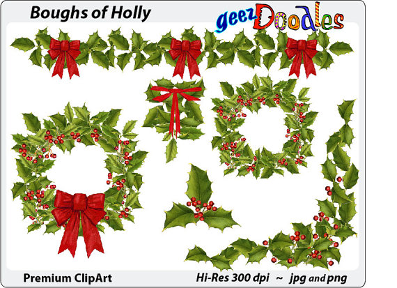 Christmas Watercolor Clipart ~ Holly clip art with wreaths, garland, swag ~  Christmas holly with berries and red bows from GeezDoodles on Etsy Studio