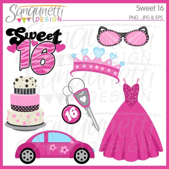 Sweet 16 clipart comes with cake, car, crown, party dress, car keys
