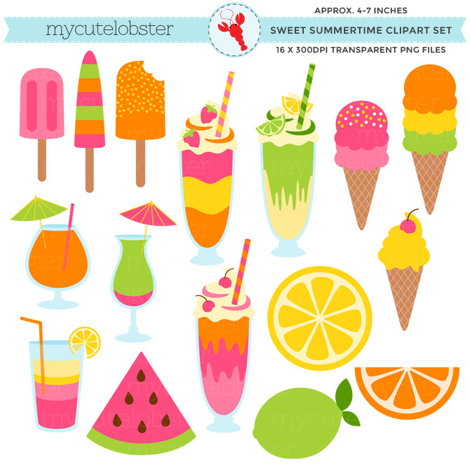 Sweet Summertime Clipart Set - ice cream, summer, milkshakes, drinks, fruit, clip art - personal use, small commercial use, instant download