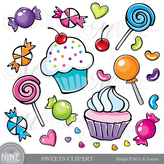 SWEETS Clipart Illustrations Digital Clip Art Vector Art File, Instant Download, Cupcakes Candy Graphics