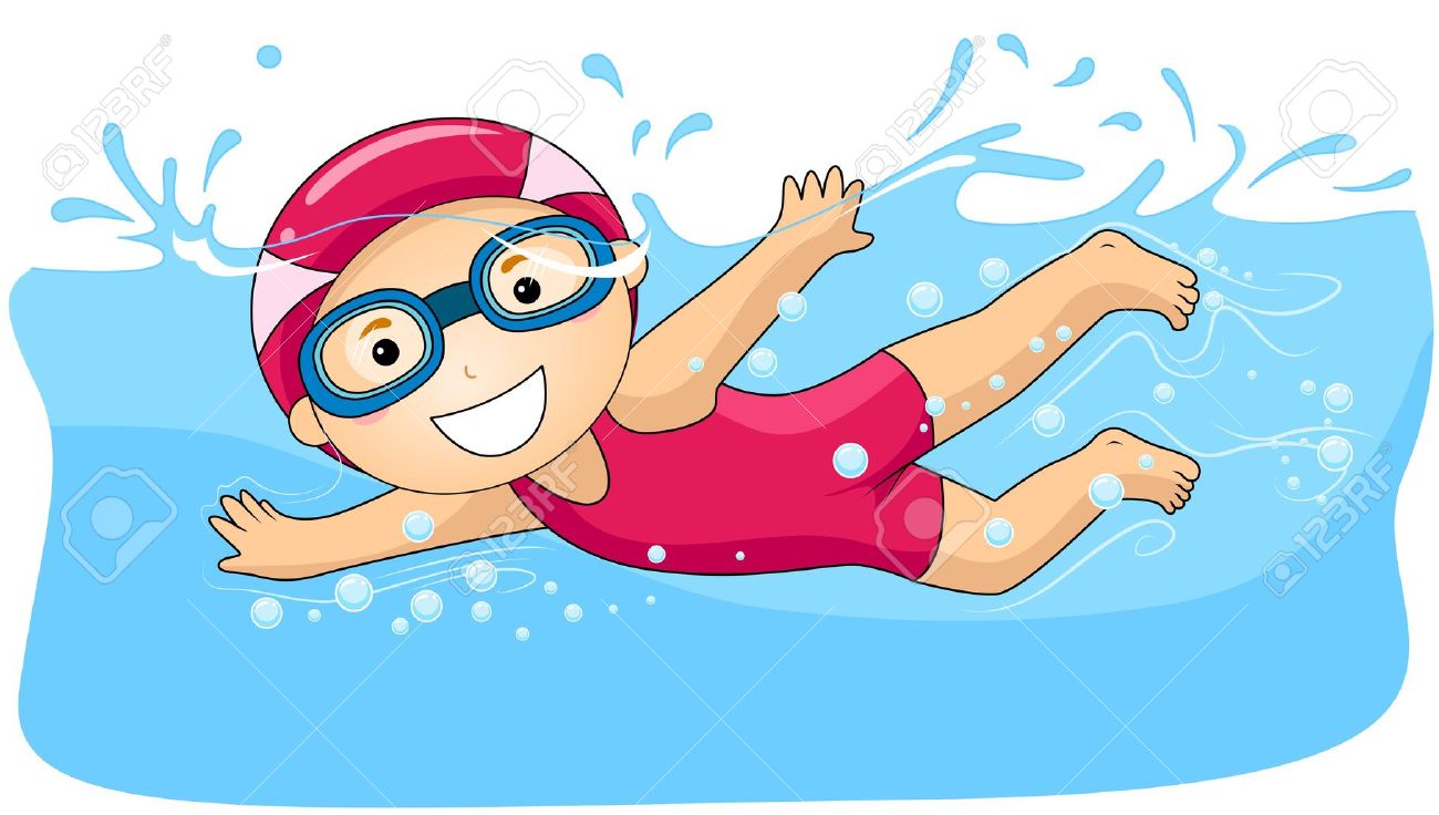 Cartoon Of A Happy Girl Swimm