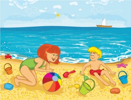 Swimming in Beach Clip Art | Home - People - Mother and kid on the beach vector background | Lets Go On A Picnic | Pinterest | Mothers, Kid and Home