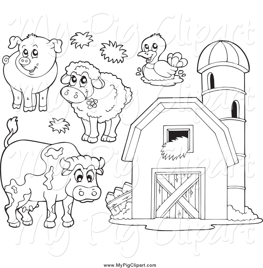 Swine Clipart Of Black And White Farm Animals And A Barn With Granary