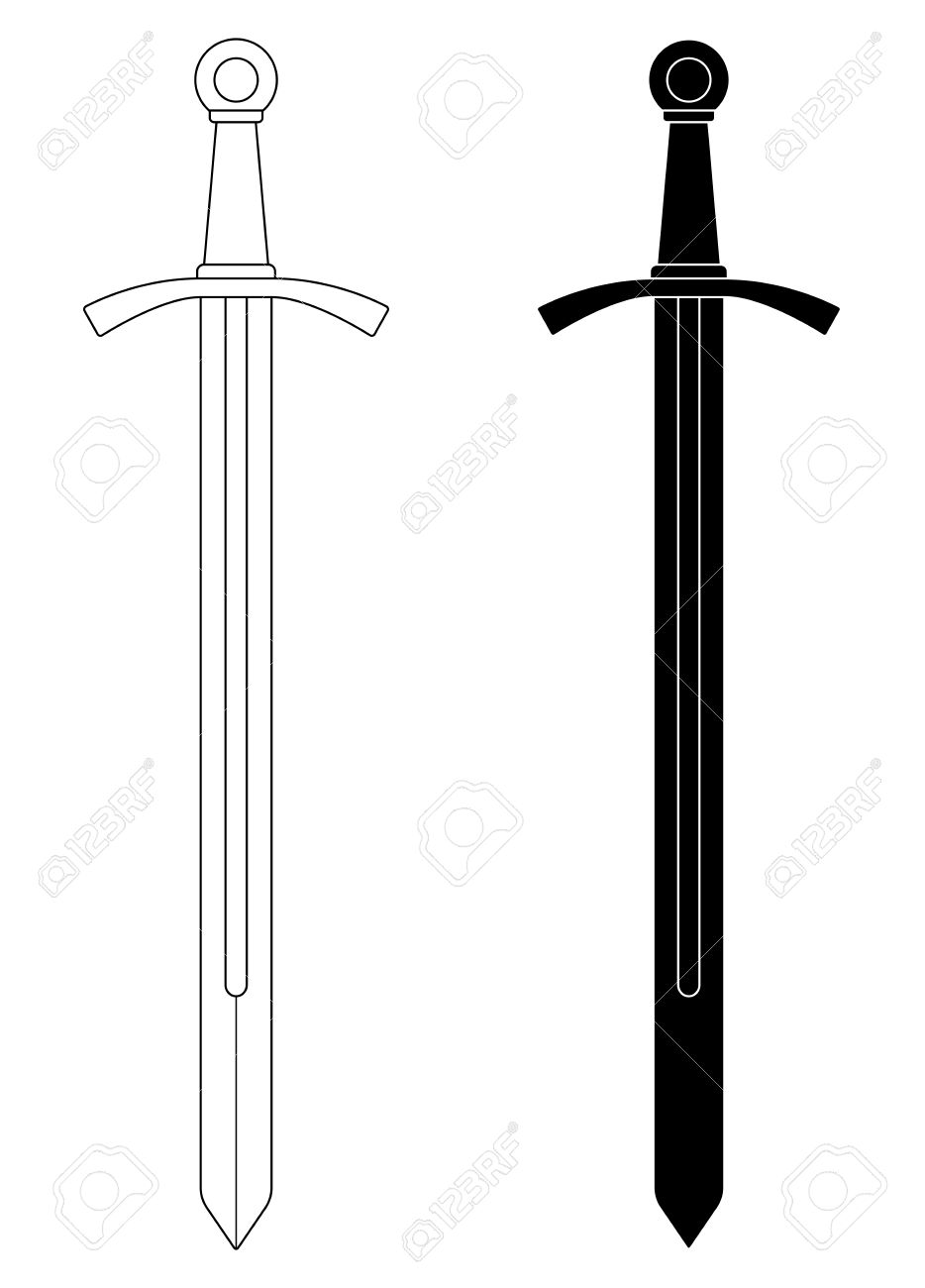 One-handed medieval knight vector sword clip art illustration isolated on  white. Contour,