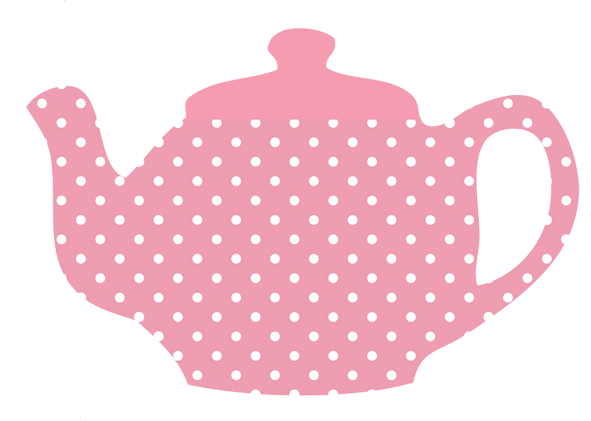 tea party clip art. Advertising. pink chocolate cupcake, pink teapot with white dots .