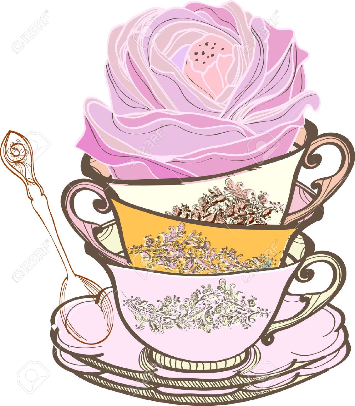 tea party: tea cup background with spoon and flower, illustration