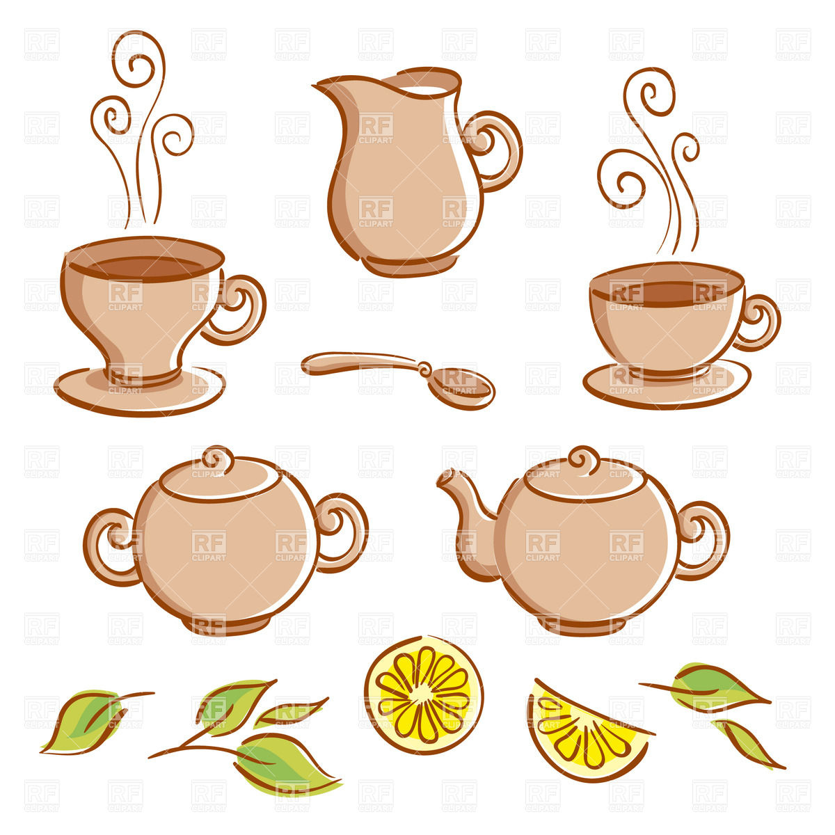 Cartoon tea set - cups, pots, jug, spoon and lemon Royalty Free Vector Clip  Art