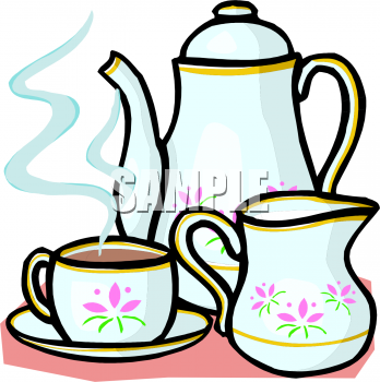 Description: Tea set clipart picture. This image shows a China pot of  either tea or coffee, a cup of the hot beverage, and a small pitcher of  cream.