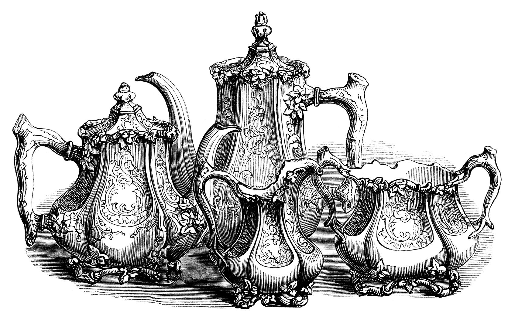 vintage tea set clipart, coffee tea engraving, free black and white clip  art,