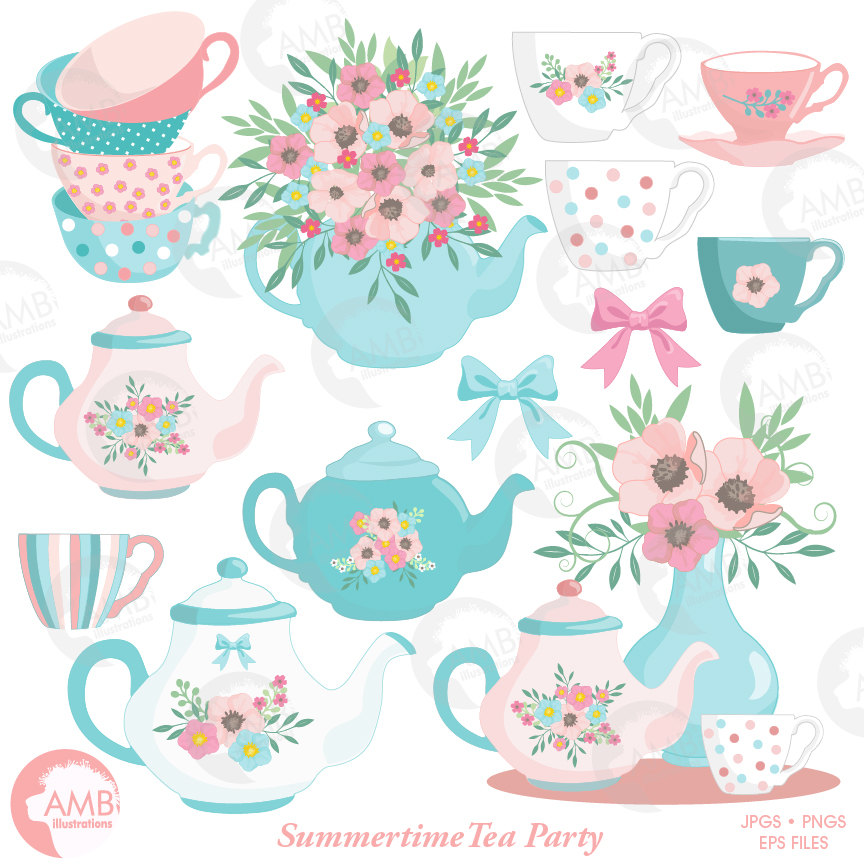 Tea Time Clipart, Teapot, Summer Time Tea Party Clipart, Floral Tea Time  Clipart
